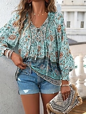 billige Boho topper-damebluse stilig boho blomsterslips foran lanternearm langermet knytehals daglig rosa marineblå oransje grønn sommer