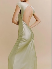 abordables Robes pour invitées de mariage-Robes de mariage invitée fourreau sauge Élégante Robe Formelle Cravate noire Longueur au sol Manches courtes Col bateau Charmeuse Dos nu avec fronces 2025