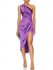 abordables Robes pour invitées de mariage-Robes Invitée de Mariage Fourreau Élégante Robe Semi-Formelle Longueur Thé Sans Manches Épaule Dénudée Soie Immitée avec Plis 2025