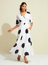 abordables Robes décontractées-Femmes Ourlet Maxi Maxi en Satin Robe maxi Blanche Demi Manches À pois Dos attaché Poche cachée à la taille Été Printemps &amp; Automne Col en V Décontracté Quotidien S M L
