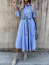 billiga Denimklänningar-Dam Denimklänningar Skjortklänning Midiklänning Datum Semester Denim Grundläggande Modern Tröjkrage Knapp Ficka Långärmad Sommar Vår Normal Slät