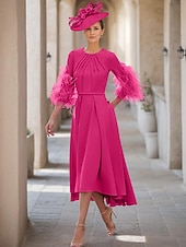 preiswerte Teelänge-A-Linie Brautmutterkleid Hochzeitsgast Eleganter Juwelenausschnitt Asymmetrisches Stretchgewebe Halbarm mit Feder freie Maßanfertigung