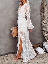 preiswerte Weiße Spitzenkleider-Damen Weißes Kleid Maxidress Patchwork Hochzeit Party Elegant V Ausschnitt Langarm Schwarz Weiß Farbe