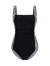 baratos Fatos de Banho 1 Peça-Maiô Feminino de Uma Peça Controle de Barriga Decote Canadense Painéis com Estampa de Leopardos Costas Nadador Ruchado Moda de Verão Praia Secagem Rápida Tecido Stretch Tamanho Completo Maiô Preto