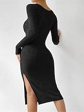 tanie Sukienki t-shirtowe-Damskie Codzienne sukienki Sukienka midi Rozcięcie Randka Urlop Moda miejska Codzienny Kwadratowy dekolt Długi rękaw Czarny Jasnoszary Kolor