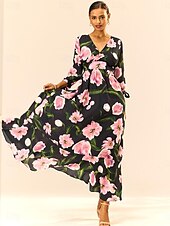 preiswerte Kleider für die Ferien-Damen Maxikleid mit Blumenmuster, Rüschen und Schleife, V-Ausschnitt, Puffärmeln, elegant, stilvoll, für den Urlaub, 3/4-Ärmel, Sommer