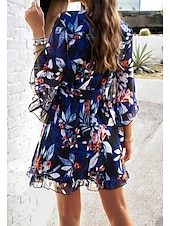 billiga Casual blommiga klänningar-kvinnors omlottklänning blommig volang bälte v-ringad fladderärm miniklänning elegant daglig 3/4 lång ärm sommar