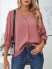 cheap Work Tops-Women&#039;s Shirt Dressy Tops Elegant 3/4 Length Sleeve V Neck Ruched Black White Dusty Rose Khaki Spring &amp; Summer