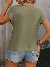 abordables Colores sólidos-Mujer Chaleco suéter Elegante Casual Color sólido Estriado Cuello Alto Bolsillo Mangas cortas Tops regulares Tejer Trabajo Negro Verde Ejército Verano