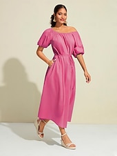 billige uformell kjole-kvinners maxikjole i bomull fritidsklær feriekjole grønn løs passform off-shoulder puffermer en linje sommerkjole