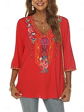 billige Kvinnenes ferietopper-Dame Bluse Geometrisk Bohem 3/4 ermer V-hals Vanlige topper Daglig Broderi Svart Hvit Gul Rød Blå Sommer
