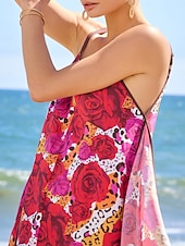 billiga Semesterklänningar-Dam Bandklänning Solklänning Sommarklänning Midiklänning Rubinrött Rem Tryck Reste sig Blommor V-ringad Mönster Asymetrisk fåll Vår &amp; sommar V-hals Sexig V-Front semester klänning Semester S M L