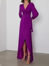 voordelige Bruiloftsgastjurken-A-Lijn Bruiloftsgasten Jurken Elegante Jurk Formeel Zwart-Tiek Vloerlengte Lange Mouw V-hals Chiffon Rugloos met Krys-Kruis