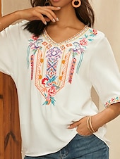 billige Kvinnenes ferietopper-Dame Bluse Geometrisk Bohem 3/4 ermer V-hals Vanlige topper Daglig Broderi Svart Hvit Gul Rød Blå Sommer