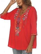 billige Kvinnenes ferietopper-Dame Bluse Geometrisk Bohem 3/4 ermer V-hals Vanlige topper Daglig Broderi Svart Hvit Gul Rød Blå Sommer