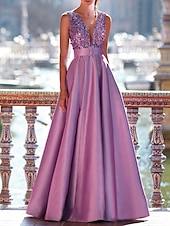 abordables violet-Robe de soirée A-ligne robe élégante mariage formel longueur maxi sans manches décolleté en V satin avec poches et perles