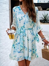 billiga Casual blommiga klänningar-kvinnors omlottklänning blommig volang bälte v-ringad fladderärm miniklänning elegant daglig 3/4 lång ärm sommar