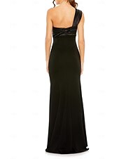 abordables Robes pour invitées de mariage-Robe de mariage invitée colonne  colonne Noire élégante Robe formelle Longueur au sol Sans manches Épaule dénudée Crêpe extensible avec nœud(s) 2025