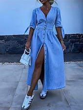 preiswerte Blumenkleider-Damen Jeanskleider blusenkleid Maxikleid B¨¹ro Urlaub Denim Basic Modern V Ausschnitt Taste Halbe Ärmel Sommer Frühling Regular Fit Glatt