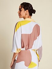 cheap Shirts,Tops &amp; Blouses-Satin Contrast Knot Front Balloon Sleeve Shirt