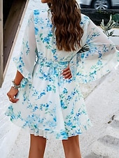 billiga Casual blommiga klänningar-kvinnors omlottklänning blommig volang bälte v-ringad fladderärm miniklänning elegant daglig 3/4 lång ärm sommar