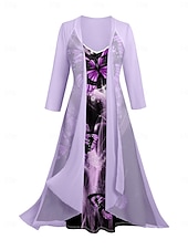 abordables Conjuntos de vestir-Mujer Conjunto de vestido Vestido informal Vestido Estampado Moda Casual Floral Estampado Vestido Midi Manga 3/4 Escote en Pico Exterior Vacaciones Negro Blanco Morado Verano Primavera Holgado