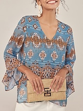 ieftine Bluze și cămăși-Pentru femei Bluză Grafic Elegant Lungime Manșon 3/4 Sonerie În V Topuri obișnuite Muncă Bufantă Albastru piscină Vară Primăvară Toamnă