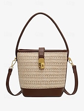 billiga Hand- och toteväskor-Dam Axelväska bucket påsar Halmpåse Sugrör Fest Helgdag Strand Spänne Stor kapacitet Multi Carry Färgblock benvitt Khaki grön