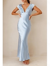 abordables Robes pour invitées de mariage-Robe de mariage invitée en mermaid bleu ciel Robe élégante Formelle Cravate noire Longueur au sol Manches courtes Col en V Charmeuse Dos croisé avec fronces 2025