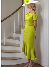 abordables Robes pour invitées de mariage-Robe de mariage invitée sirène élégante robe invitée de mariage longueur thé à manches courtes bretelle unique en charmeuse avec bretelles 2025