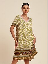 cheap Print Casual Dress-Chiffon Geometric Boho V Neck Short Sleeve Mini Dress