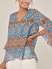 ieftine Bluze și cămăși-Pentru femei Bluză Grafic Elegant Lungime Manșon 3/4 Sonerie În V Topuri obișnuite Muncă Bufantă Albastru piscină Vară Primăvară Toamnă