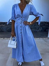 preiswerte Blumenkleider-Damen Jeanskleider blusenkleid Maxikleid B¨¹ro Urlaub Denim Basic Modern V Ausschnitt Taste Halbe Ärmel Sommer Frühling Regular Fit Glatt