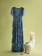 ieftine rochie casual cu imprimeu-rochie de nunta dama rochie florala rochie de vara rochie lunga rochie maxi albastru maneca scurta flori flori/plante decolteu in v talie elastica imprimare primavara &amp;amp; vara decolteu in v-fata