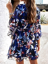 preiswerte Lässige Blumenkleider-Damen Minikleid A Linie Kleid Stilvoll Urlaub Täglich Lockere Passform Blumen Halbe Ärmel V Ausschnitt Dunkelblau Sommer