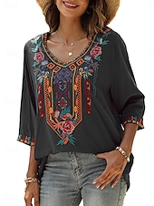 billige Kvinnenes ferietopper-Dame Bluse Geometrisk Bohem 3/4 ermer V-hals Vanlige topper Daglig Broderi Svart Hvit Gul Rød Blå Sommer