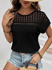 economico Top in Pizzo-Top in pizzo bianco elegante da donna con occhiello blusa elegante casual semplice regolare maniche corte girocollo pizzo regolare quotidiano romantico top petite estivi per le vacanze nero verde