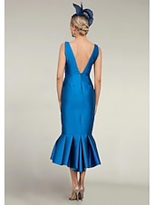 abordables Ensembles de robes pour maman-Ensemble deux pièces Robe Sirène Mère de la Mariée Robe de cérémonie d&#039;invité de mariage Élégante Encolure ornée Mi-longue Satin Manche mi-longue avec Boutons Robe Derby Robe de jour de course 2025