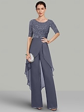 olcso Anya kombinéi-Két Részből Álló Jumpsuit  Nadrágruha Menyasszony Anyjának Menyegzői Vendég Elegáns Ékszer Nyakú Padló Hosszú Chiffon Csipke Félujjú Csipke Rózsa ingyenes egyedi méret