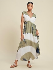 economico Abiti da vacanza-Per donna Abito Elegante Abito Lungo Maxi Abito Verde Senza Maniche Sfumatura Stampa Estate Scollo a V Vacanza Casual Quotidiano S M L