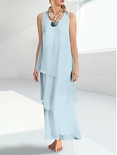 economico Lunghezza del pavimento-Matrimonio in Spiaggia Abito Madre della Sposa Linea A Ospite di Matrimonio Elegante Semplice Collo a V Lunghezza Caviglia Chiffon Senza Maniche con Strati Colore Solido 2025 misura personalizzata