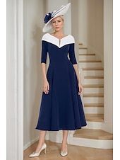 preiswerte Bodenlänge-A-Linie Brautmutterkleid Eleganter V-Ausschnitt Tee-Länge Stretchstoff Halbarm mit Farbblock 2025 kostenlose Maßanfertigung