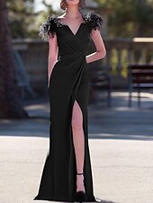 preiswerte lila-Sheath Abendkleid Elegantes Kleid Karneval Formal Bodenlang Ärmellos V-Ausschnitt Stretch-Crépe mit Feder Maskeradenkleid 2025