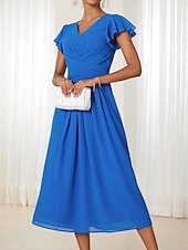 abordables Robe de cocktail-Robe Portefeuille Robe Trapèze Femme Robe mi-longue Ruché A Volants Mariage Soirée Elégant Grande occasion Col V Standard Bleu Vert S M L XL 2XL