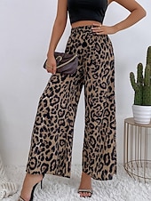 billiga breda ben och hög midja-Dam Brett skaft Byxor Streetwear Ledigt Lång Hög midja Blommig Leopard Ficka Tryck Elastisk dragsko-design Mateial som andas Mjuk Microelastisk Semester Gata Dagliga kläder Leopard Blå Sommar Vår