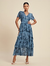 ieftine rochie casual cu imprimeu-rochie de nunta dama rochie florala rochie de vara rochie lunga rochie maxi albastru maneca scurta flori flori/plante decolteu in v talie elastica imprimare primavara &amp;amp; vara decolteu in v-fata