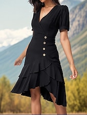 ieftine rochie midi neagra-Pentru femei Rochie neagra Rochie Mini Bufantă Buton Muncă Dată Oficial În V Manșon scurt Negru Culoare