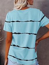 abordables T-shirt rayé et géométrique-t-shirt femme décontracté imprimé manches courtes hauts réguliers col en V quotidien noir rose bleu été