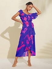 abordables Robe de cocktail-Robe mi-longue à basque pour femmes, tenue d&#039;invité de mariage, violet, orange, manches courtes, volants fleuris, cravate sur le devant, printemps &amp;amp; été asymétrique romantique s m l