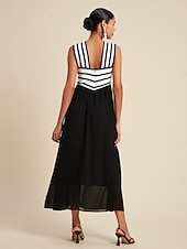 economico Abiti per le feste-chiffon nero&amp;amp;abito lungo senza maniche con elastico in vita a righe in raso e collo annodato per feste/invitati a nozze per stupire 2024